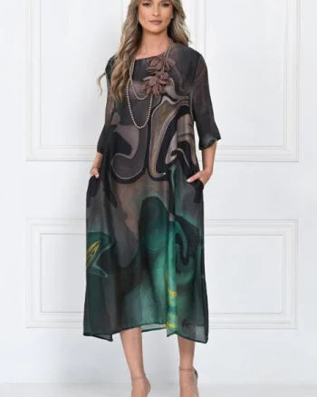 Rochie eleganta satinata A-line cu imprimeu abstract si croi lejer fluid, verde-inchis-negru-auriu