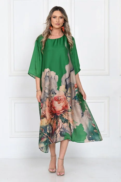 Rochie eleganta satinata A-line cu imprimeu floral artistic si croi lejer fluid, verde-bej