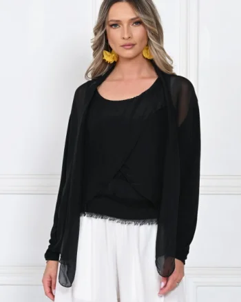 Blazer dama lejer cu design fluid si insertie din matase, croi relaxat, negru