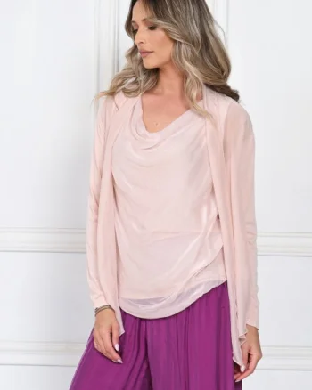 Blazer dama lejer cu design fluid si insertie din matase, croi relaxat, roz pudrat