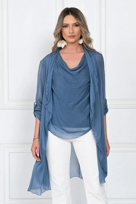 Blazer dama midi din matase tip kimono, croi fluid pentru layering, albastru jeans