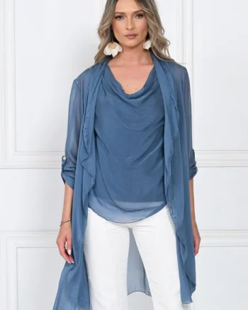 Blazer dama midi din matase tip kimono, croi fluid pentru layering, albastru jeans