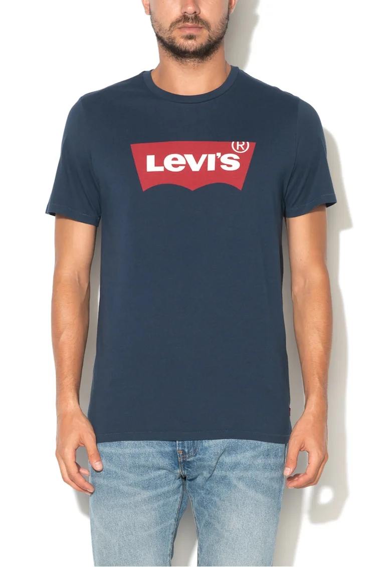 Tricou bleumarin inchis cu decolteu la baza gatului cu logo, Albastru marin,