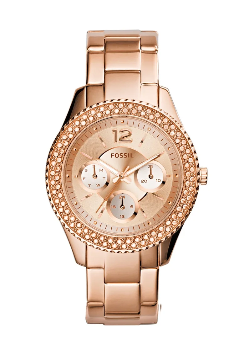 Ceas cu functii multiple, decorat cu cristale Stella, Auriu rose