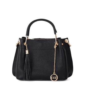 Geanta de mana, de piele, cu accesoriu detasabil cu canaf, Negru