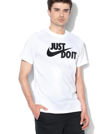 Tricou de bumbac cu imprimeu logo si text Swoosh, Alb