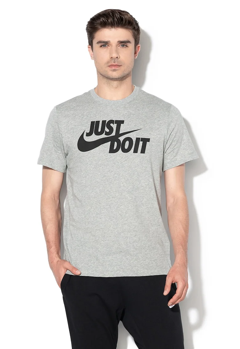 Tricou de bumbac cu imprimeu logo si text Swoosh, Negru/Gri