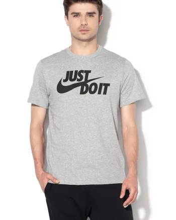 Tricou de bumbac cu imprimeu logo si text Swoosh, Negru/Gri
