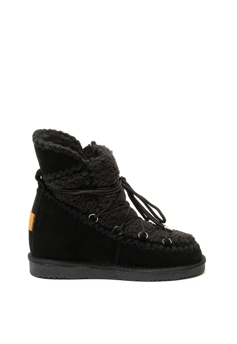 Ghete de piele intoarsa si blana shearling sintetica, cu talpa wedge ascunsa