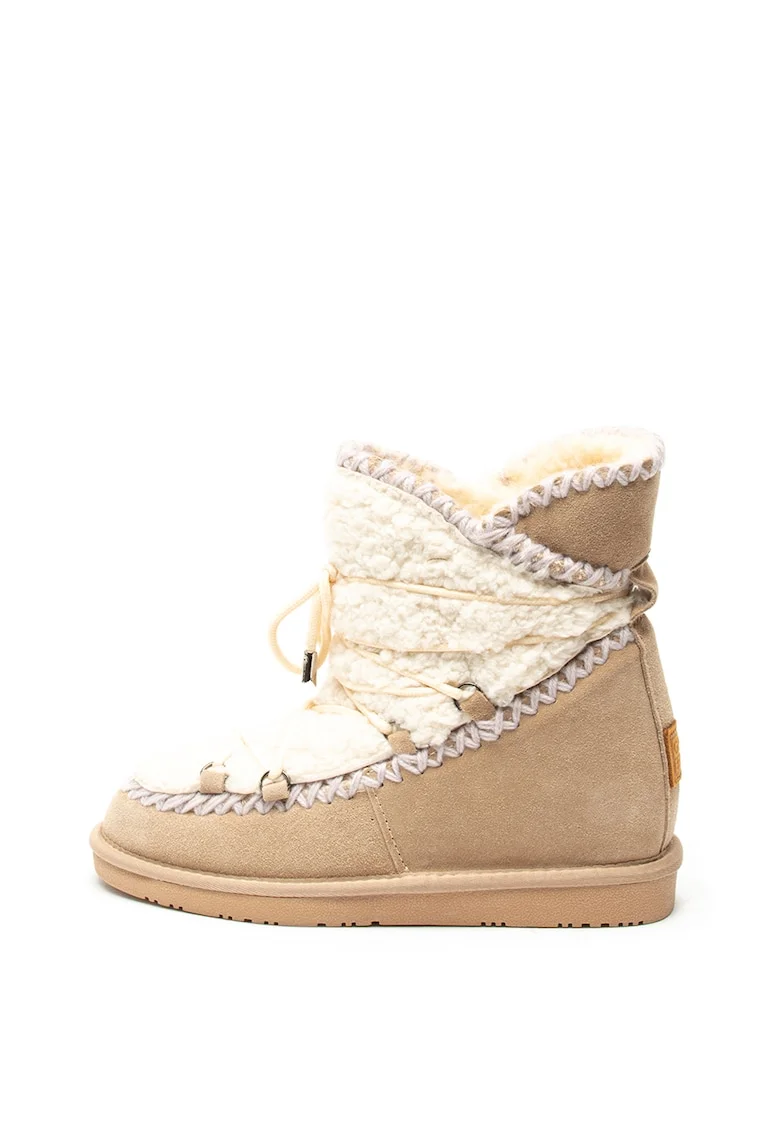 Ghete de piele intoarsa si blana shearling sintetica, cu talpa wedge ascunsa