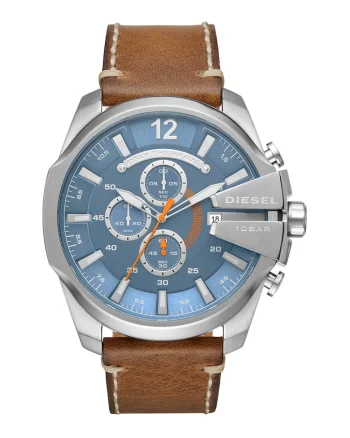 Ceas quartz cronograf cu o curea de piele, Argintiu/Maro