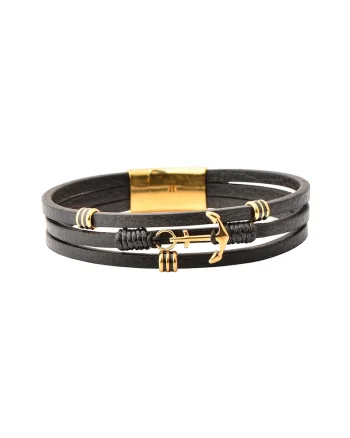 Bratara de piele cu elemente metalice, Auriu/Negru/Negru stins