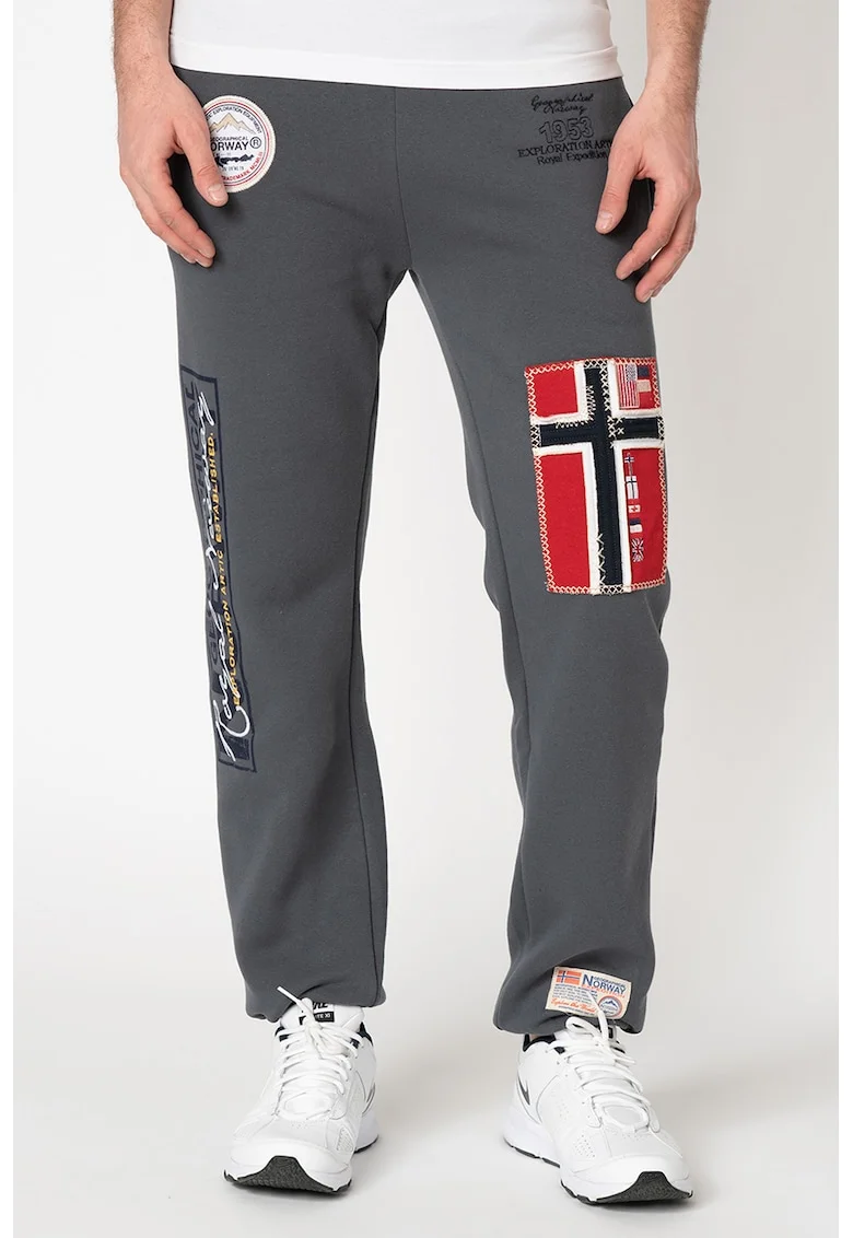 Pantaloni de trening cu aplicatii logo Myer, Gri inchis/Bleumarin