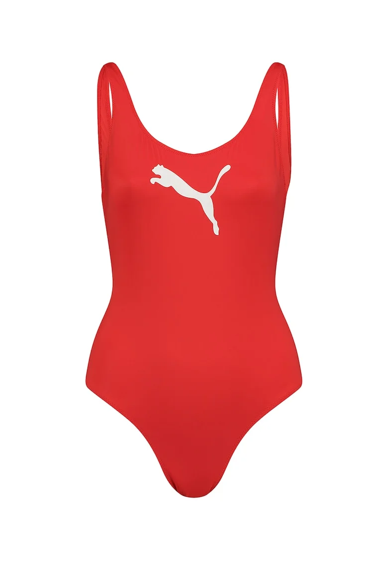 Costum de baie intreg cu decolteu in U pe partea din spate, Alb/Portocaliu mandarina