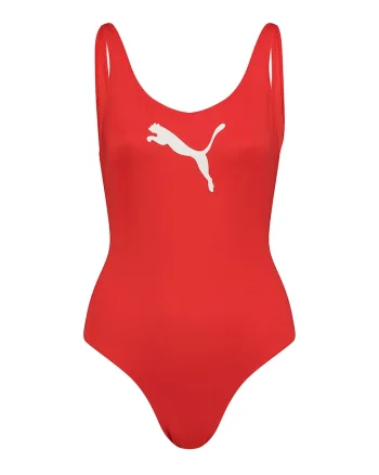 Costum de baie intreg cu decolteu in U pe partea din spate, Alb/Portocaliu mandarina
