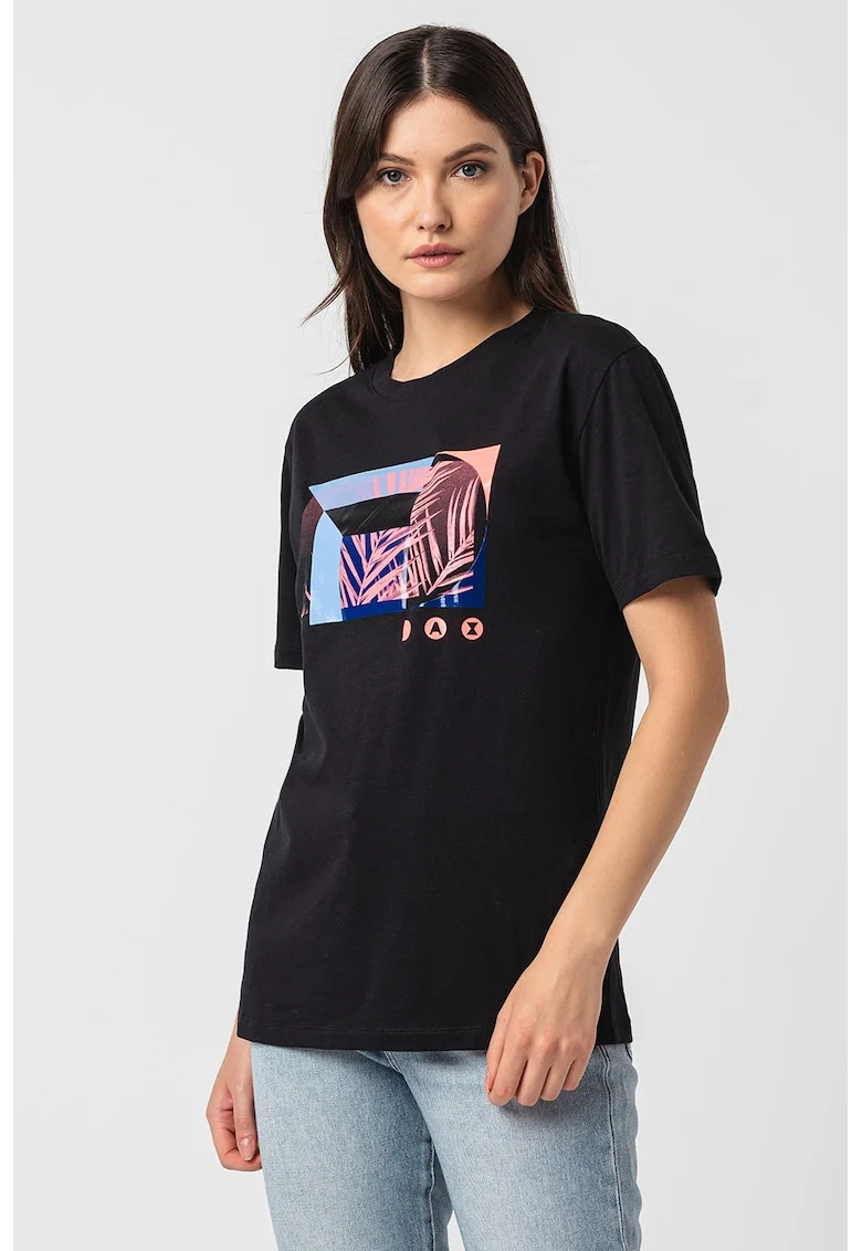 Tricou de bumbac cu decolteu la baza gatului si imprimeu, Negru