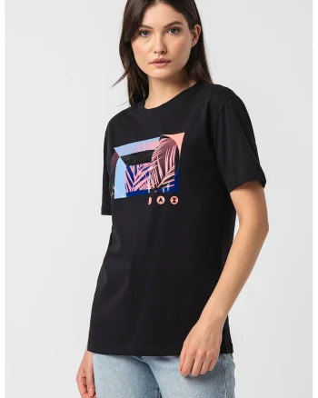 Tricou de bumbac cu decolteu la baza gatului si imprimeu, Negru