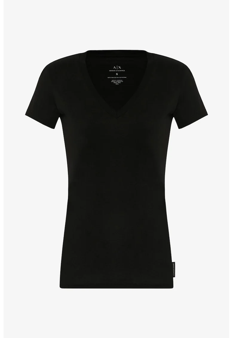 Tricou de bumbac pima, cu decolteu in V, Negru