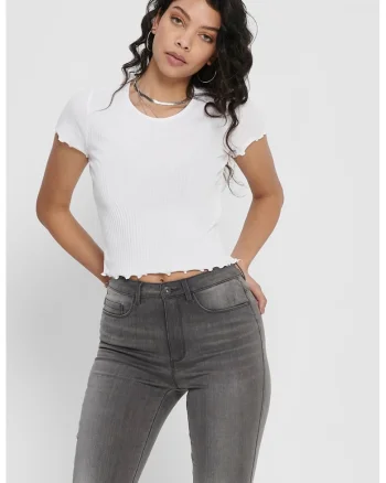 Tricou crop cu croiala slim-fit si aspect striat, Alb