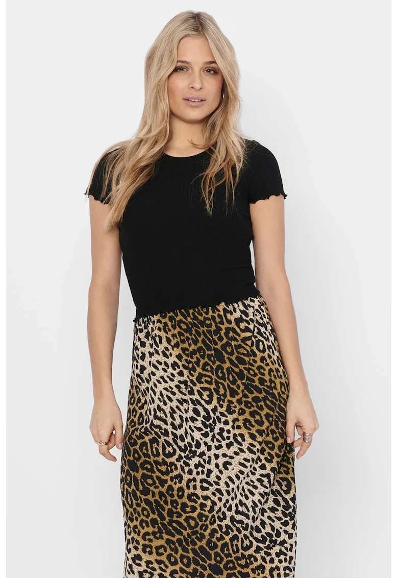Tricou crop cu croiala slim-fit si aspect striat, Negru