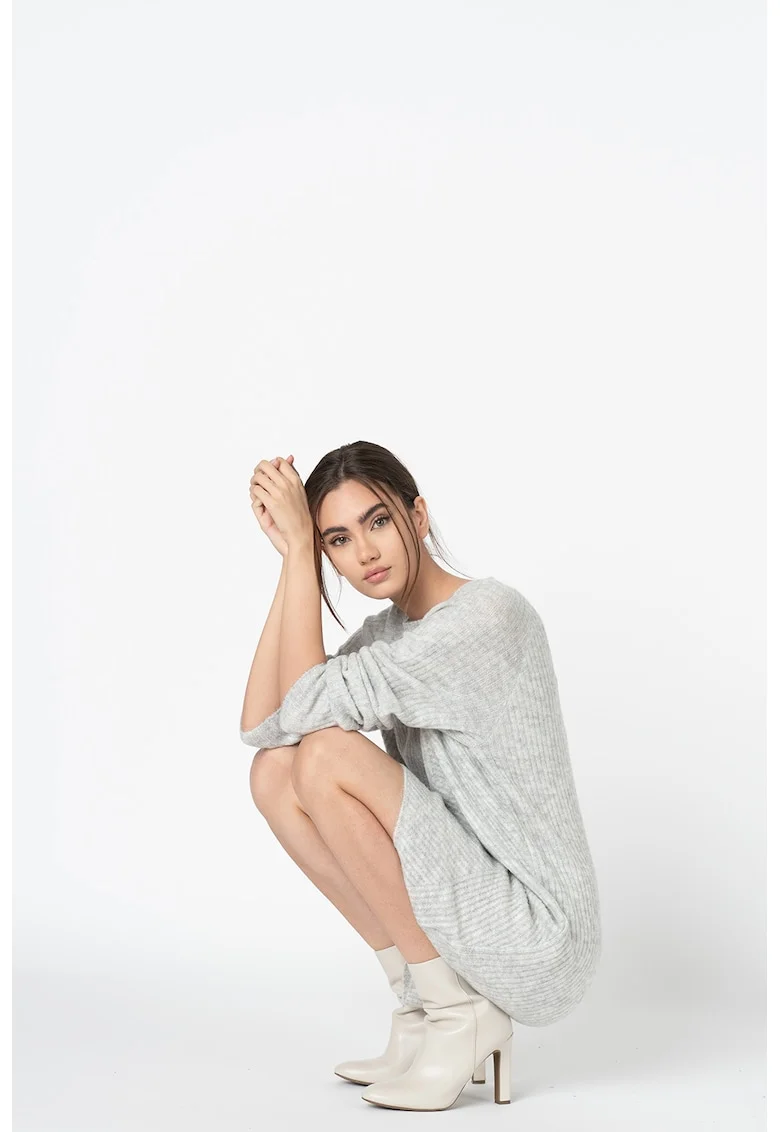 Rochie-pulover cu decolteu la baza gatului si aspect texturat, Gri deschis melange