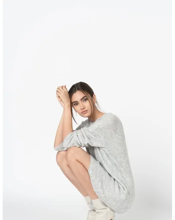 Rochie-pulover cu decolteu la baza gatului si aspect texturat, Gri deschis melange