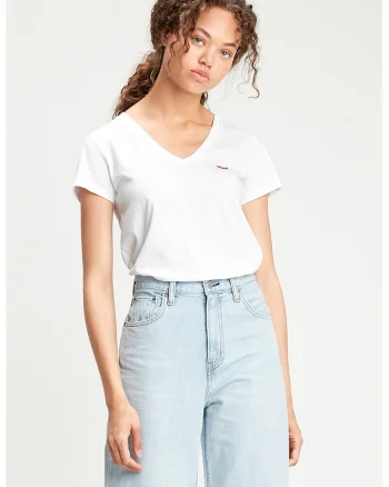 Tricou din bumbac cu decolteu in V, Alb