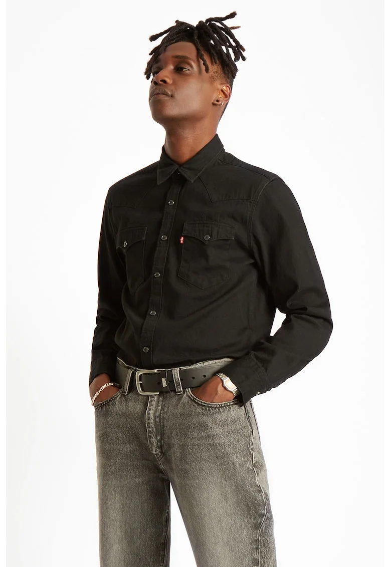 Camasa de denim cu buzunare pe piept Barstow, Negru