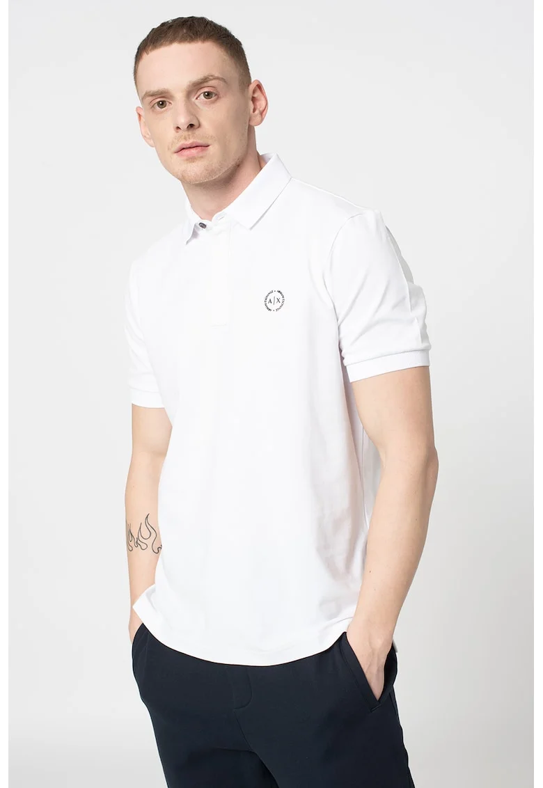 Tricou polo slim fit cu logo discret, Alb