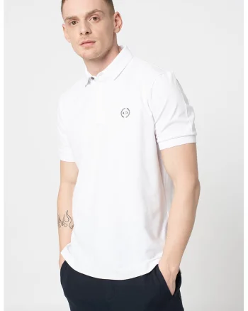 Tricou polo slim fit cu logo discret, Alb