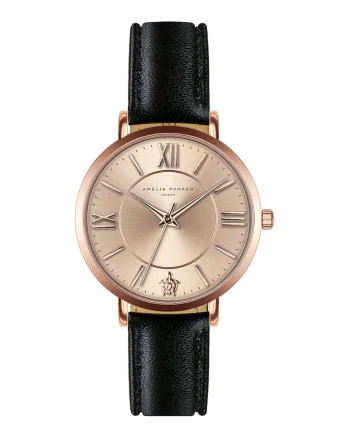 Ceas cu o curea din piele, Auriu rose/Negru