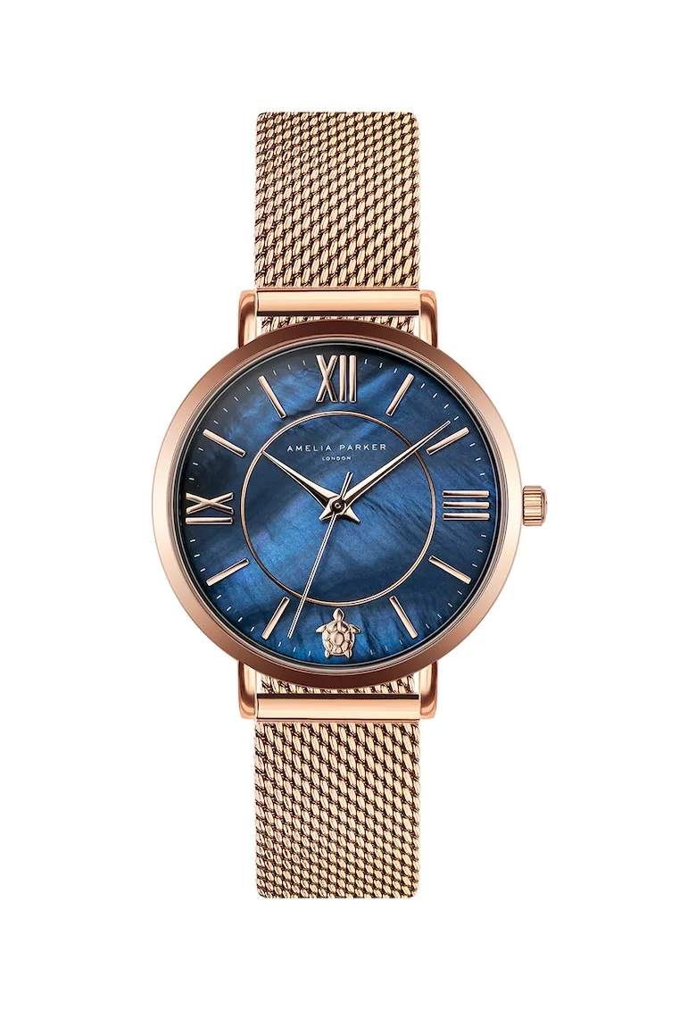 Ceas quartz cu bratara din otel inoxidabil cu model plasa, Auriu rose/bleumarin