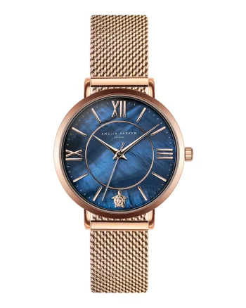 Ceas quartz cu bratara din otel inoxidabil cu model plasa, Auriu rose/bleumarin