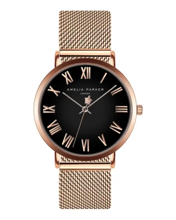 Ceas rotund cu bratara cu model plasa, Auriu rose/Negru