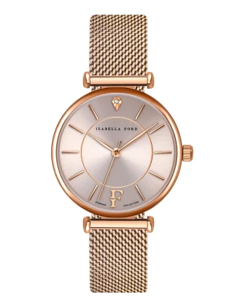 Ceas cu o bratara cu model plasa si diamant, Auriu rose