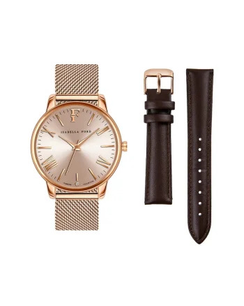 Ceas cu o curea de piele intersanjabila si diamant, Auriu rose/Maro inchis