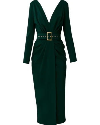 Rochie midi cu decolteu in V si curea Sting, Verde englez