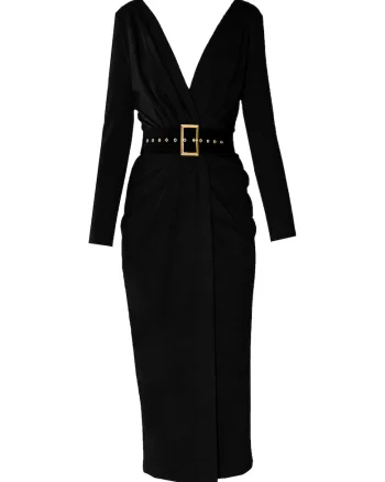 Rochie midi cu decolteu in V si curea Sting, Negru