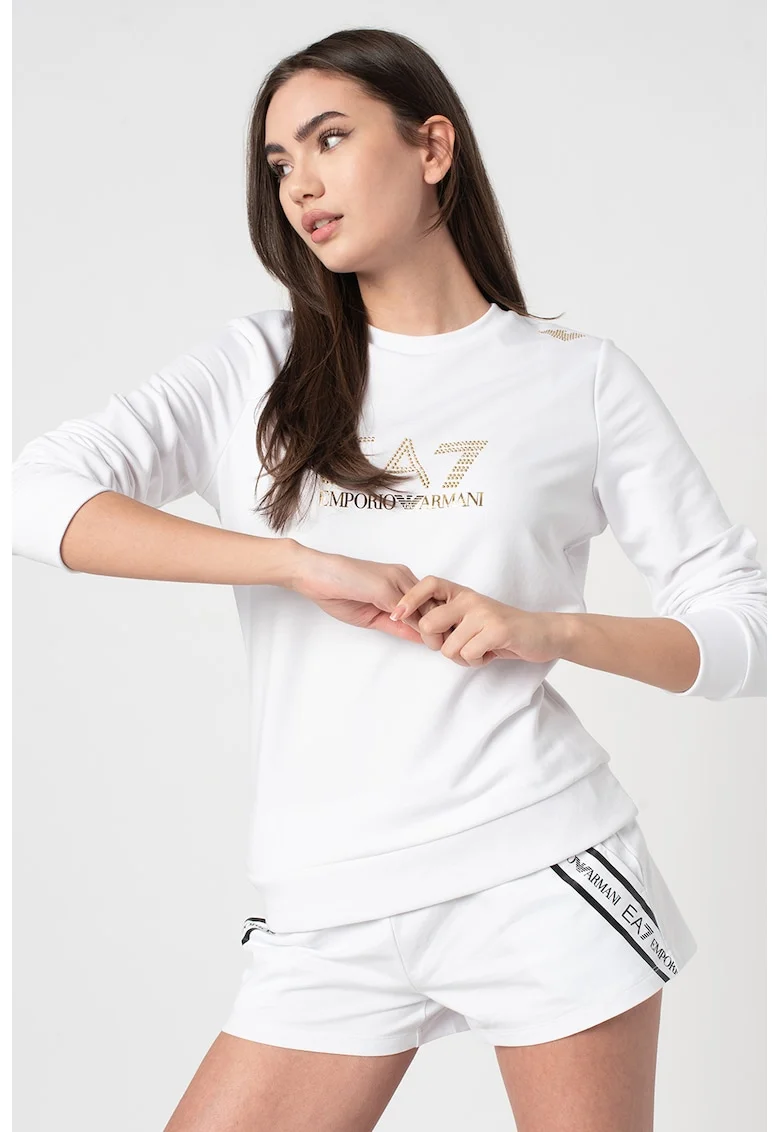 Bluza de trening cu aplicatii logo, Alb/Auriu
