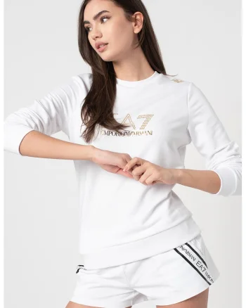 Bluza de trening cu aplicatii logo, Alb/Auriu
