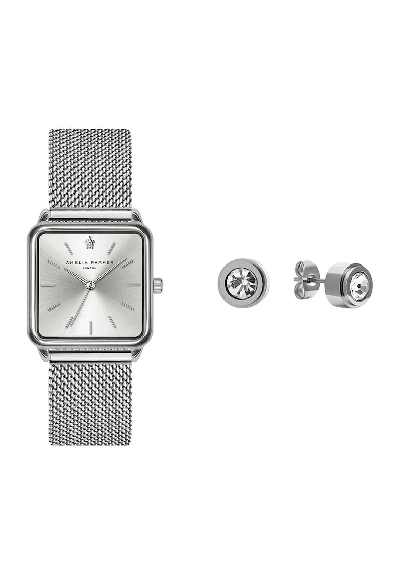 Set de ceas quartz si cercei cu tija, Argintiu