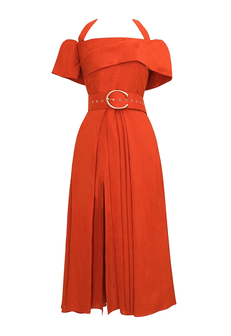 Rochie halter midi cu decolteu pe umeri, Coral