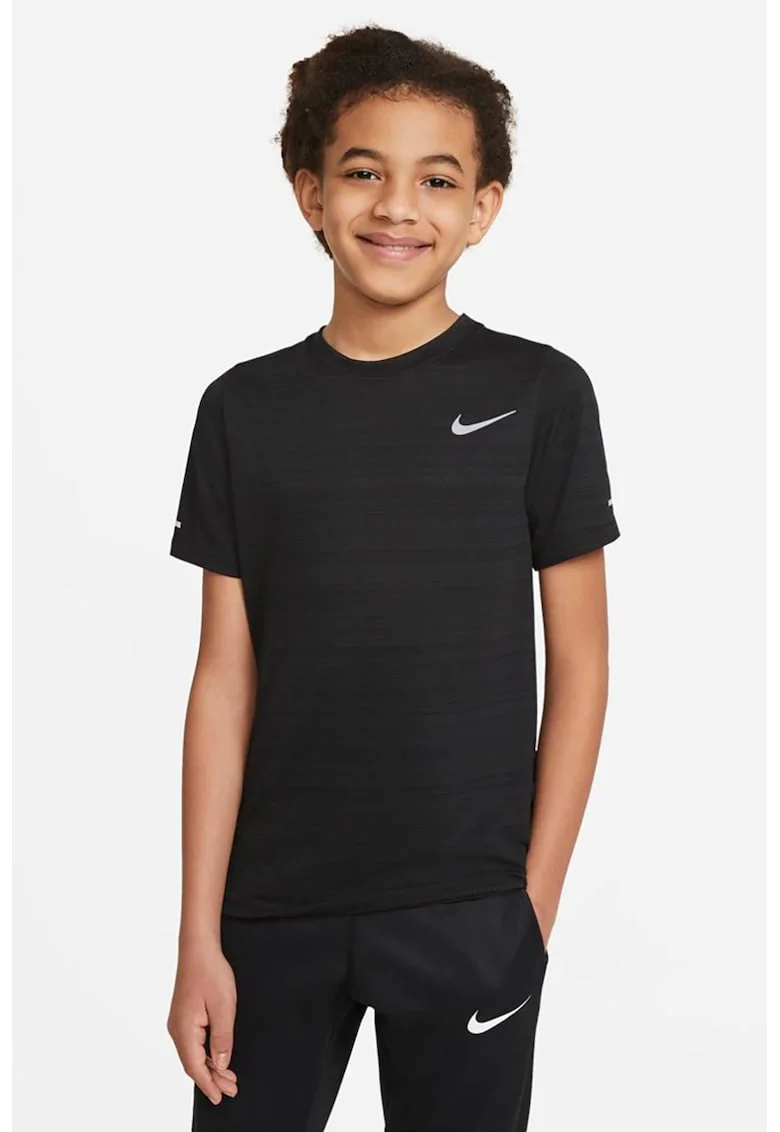 Tricou cu logo reflectorizant si imprimeu pentru fitness Miler Dri-Fit, Negru