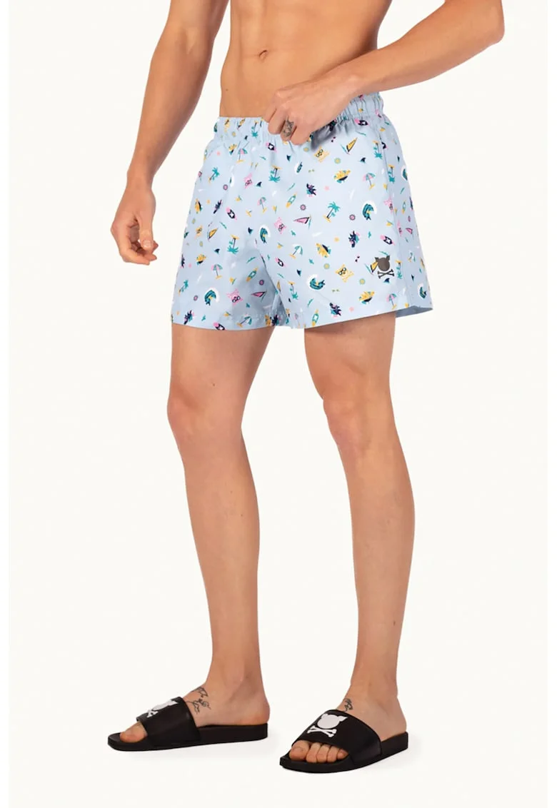 Pantaloni scurti de baie cu snur, Negru/Portocaliu/Albastru azur
