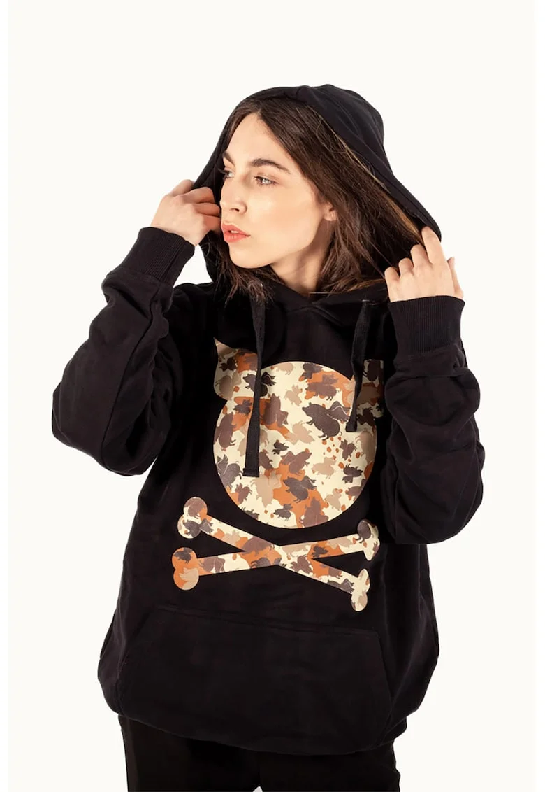 Hanorac unisex cu imprimeu logo si model camuflaj, Negru/Maro scortisoara/Maro camel
