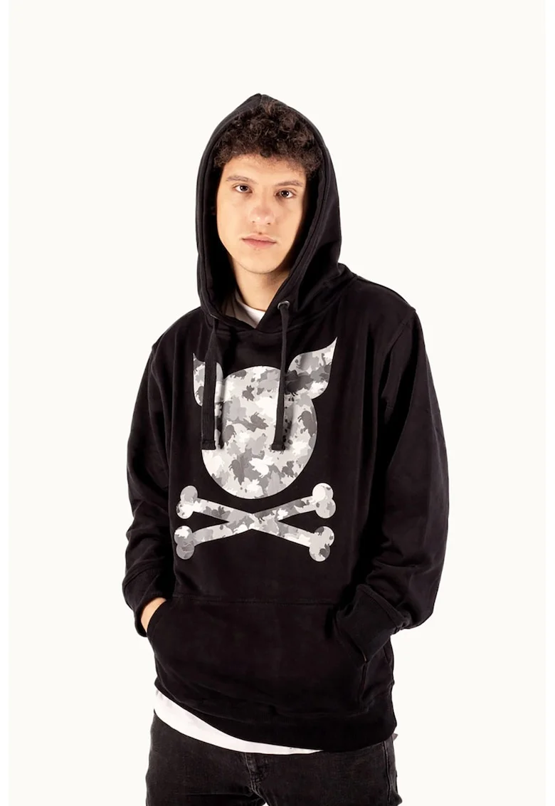 Hanorac unisex cu imprimeu logo si model camuflaj, Alb/Negru/Gri cenusiu