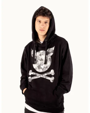 Hanorac unisex cu imprimeu logo si model camuflaj, Alb/Negru/Gri cenusiu