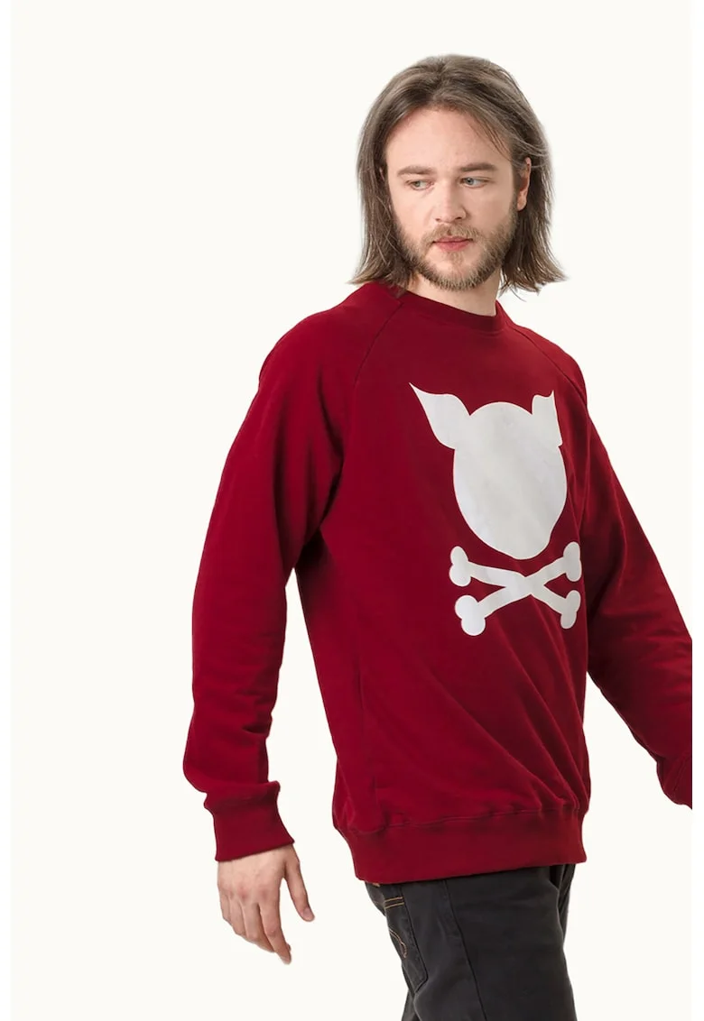 Bluza sport unisex cu maneci raglan si imprimeu logo, Alb/Visiniu