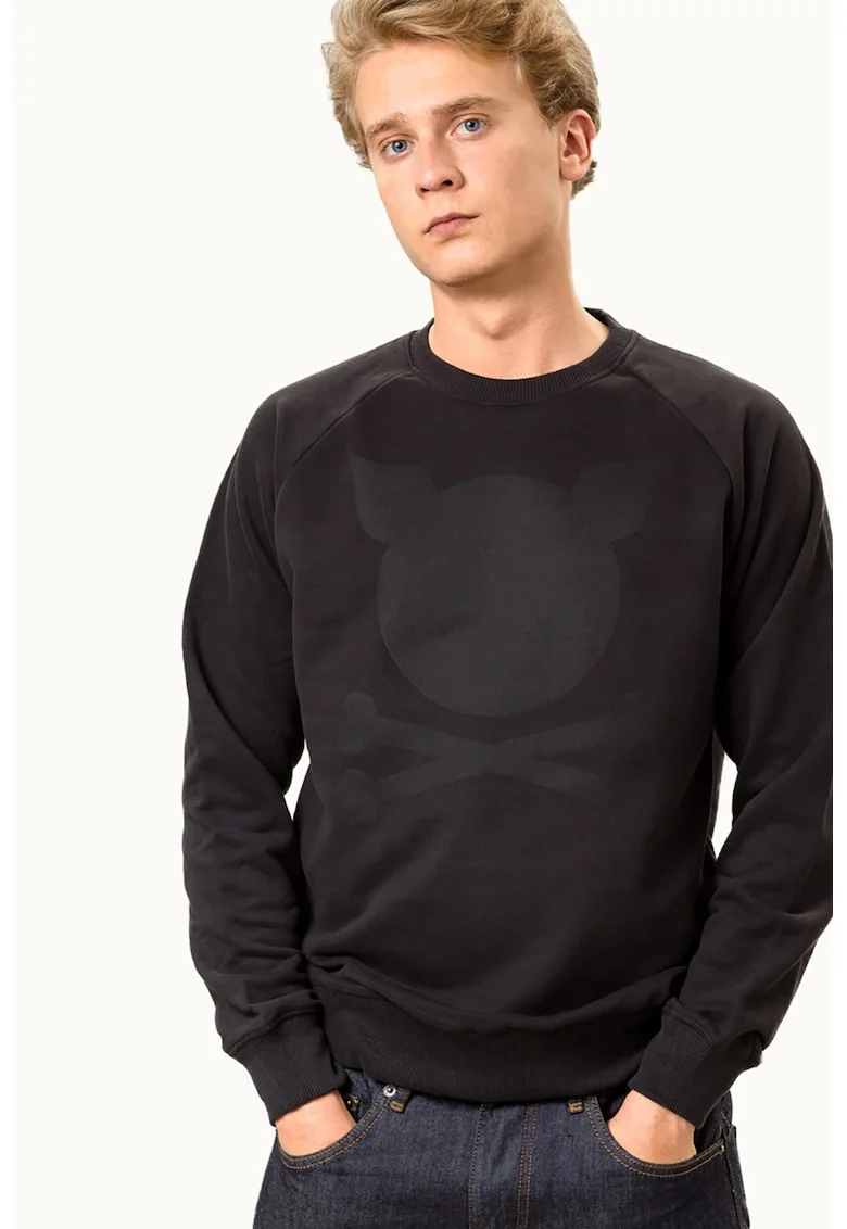 Bluza sport unisex cu maneci raglan si imprimeu logo, Negru