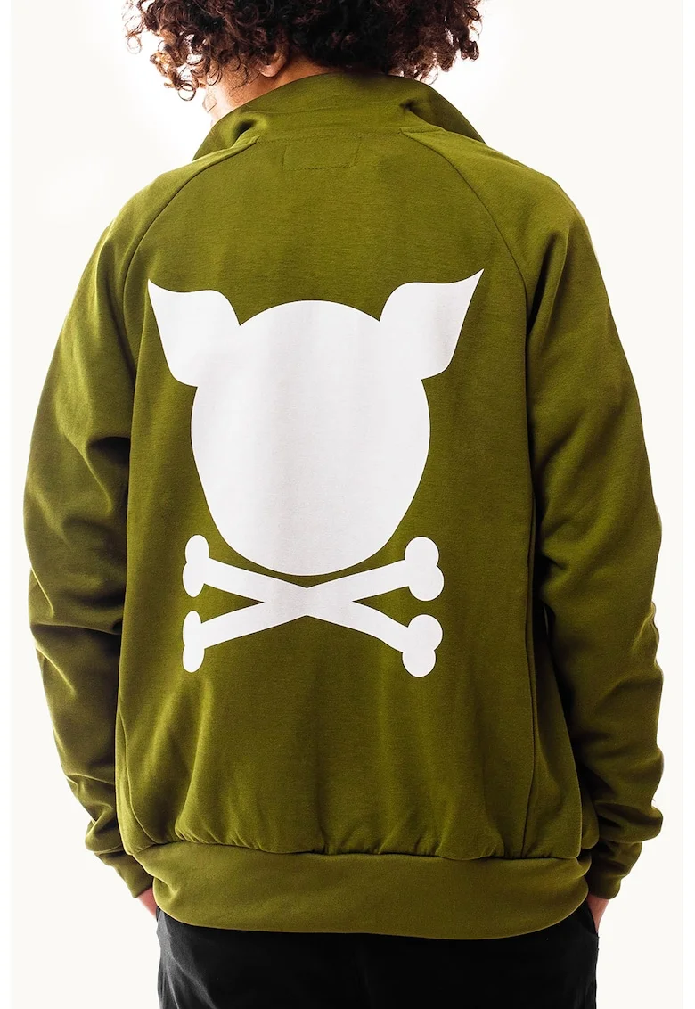 Bluza de trening unisex cu imprimeu logo si fermoar Crooked, Alb/Verde masliniu